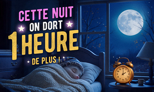 Une carte illustrée annonce avec humour le passage à l'heure d'hiver et le plaisir de dormir une heure de plus. Dans une chambre paisible éclairée par la pleine lune, une personne dort confortablement sous sa couette, près d'un réveil posé sur une table de nuit. Accompagnée du message « Cette nuit, on dort 1 heure de plus ! », cette carte est idéale pour rappeler le changement d'heure d'octobre et partager une attention amusante avec ses proches.