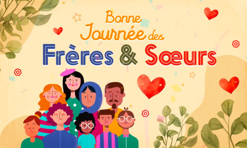 Illustration colorée Bonne journée des frères et soeurs avec personnages variés, coeurs et ambiance joyeuse pour célébrer les liens familiaux