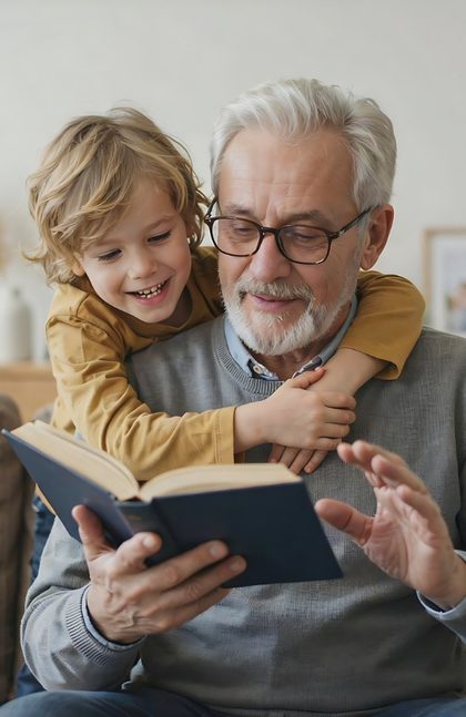 Un grand-père partage un tendre moment de complicité avec son petit-fils autour d’un livre, confortablement installés dans le salon. Cette scène familiale chaleureuse illustre la transmission entre générations, l’affection et les précieux moments partagés avec son grand-père. Une image idéale pour célébrer la fête des grands-pères et mettre à l’honneur le lien unique qui unit grands-pères et petits-enfants.