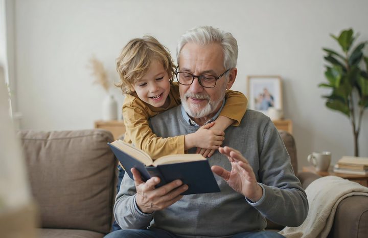 Un grand-père partage un tendre moment de complicité avec son petit-fils autour d’un livre, confortablement installés dans le salon. Cette scène familiale chaleureuse illustre la transmission entre générations, l’affection et les précieux moments partagés avec son grand-père. Une image idéale pour célébrer la fête des grands-pères et mettre à l’honneur le lien unique qui unit grands-pères et petits-enfants.