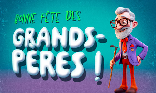 Une carte joyeuse et originale souhaite une « Bonne fête des grands-pères » avec un grand-père souriant représenté dans un style illustré et coloré. Sur un fond bleu turquoise, le personnage élégant accompagné de sa canne apporte une touche d’humour et de fantaisie. Une illustration idéale pour souhaiter une bonne fête à son grand-père et lui envoyer un message affectueux à l’occasion de la fête des grands-pères.