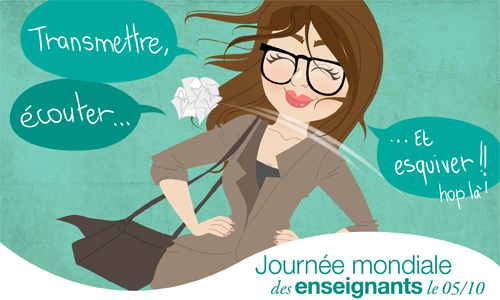 Une illustration humoristique célèbre la Journée mondiale des enseignants avec une enseignante accompagnée des mots « Transmettre, écouter… et esquiver ! ». Cette carte met à l’honneur le métier d’enseignant, la transmission des savoirs et le quotidien des professeurs avec une touche de légèreté. Une image idéale pour souhaiter une bonne Journée mondiale des enseignants et remercier les enseignants pour leur engagement.