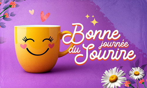 Une carte colorée souhaite une « Bonne journée du Sourire » avec une tasse jaune au visage souriant, entourée de petits cœurs, de fleurs et d’étoiles sur un fond violet. Cette illustration pétillante et pleine de bonne humeur est idéale pour célébrer la Journée mondiale du sourire, envoyer un message positif et apporter un peu de joie à ses proches.
