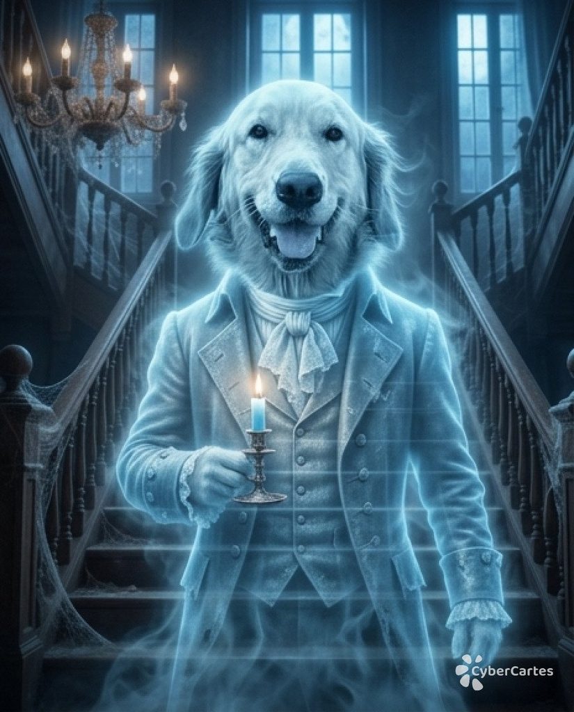 Un adorable chien transformé en fantôme d'Halloween apparaît dans un vieux manoir mystérieux. Vêtu d'un élégant costume d'époque, il tient un chandelier à la main, entouré de brume et de lumières bleutées. Cette création fantastique mêle humour, magie et frissons dans une ambiance de maison hantée. Une image originale pour Halloween, idéale pour découvrir comment transformer la photo de son animal de compagnie en personnage fantomatique.