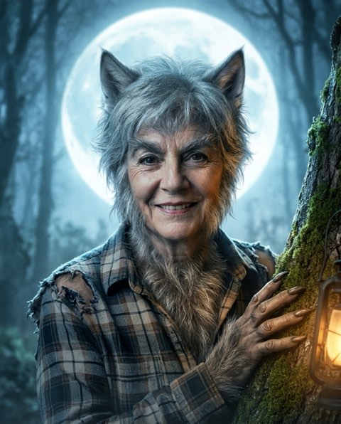 Une femme transformée en loup-garou prend la pose dans une forêt mystérieuse, éclairée par une immense pleine lune. Ses oreilles pointues, son pelage et ses traits de loup lui donnent une apparence fantastique, tout en conservant son visage et son sourire. Cette transformation originale pour Halloween illustre une manière amusante de se déguiser virtuellement et de métamorphoser sa photo en créature légendaire.