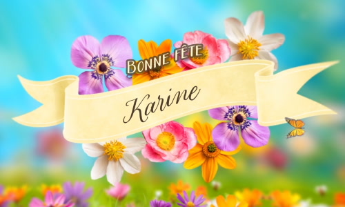 Une magnifique carte fleurie souhaite une « Bonne fête Karine » dans un décor printanier aux couleurs lumineuses. Un élégant ruban crème portant le prénom Karine traverse un bouquet de fleurs roses, violettes, blanches et orangées, accompagné de petits papillons. Cette illustration douce et raffinée est idéale pour souhaiter une bonne fête à Karine, lui témoigner son affection et lui envoyer un message personnalisé rempli de tendresse.