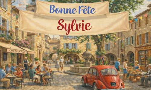 Une charmante carte virtuelle souhaite une « Bonne fête Sylvie » dans le décor pittoresque d'un village français aux accents provençaux. Entre les façades en pierre, les terrasses de café animées, une fontaine et une voiture ancienne rouge, cette illustration au charme rétro évoque la douceur de vivre et la convivialité. Une carte pleine de nostalgie et de tendresse, idéale pour souhaiter une bonne fête à Sylvie et lui envoyer un message affectueux et personnalisé.